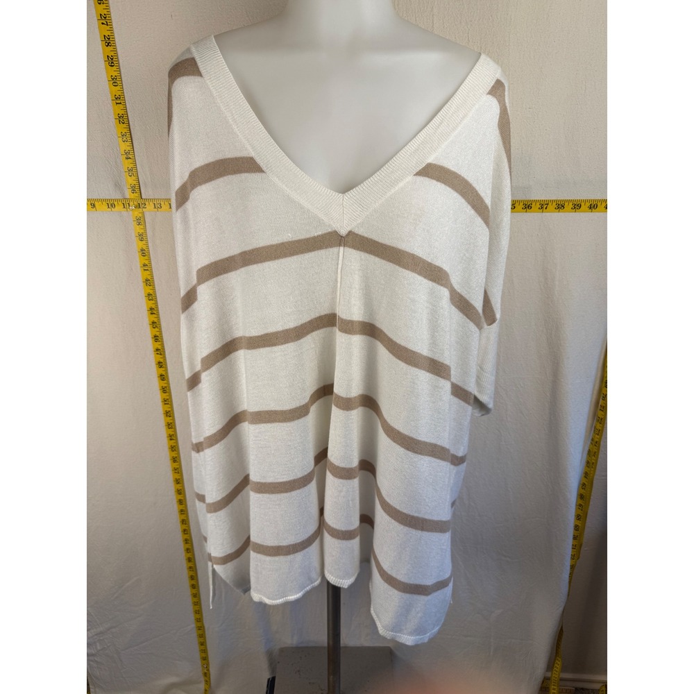 Lane Bryant Sweater Womens 18/20 White Tan Striped Silk Blend V-Neck Good
